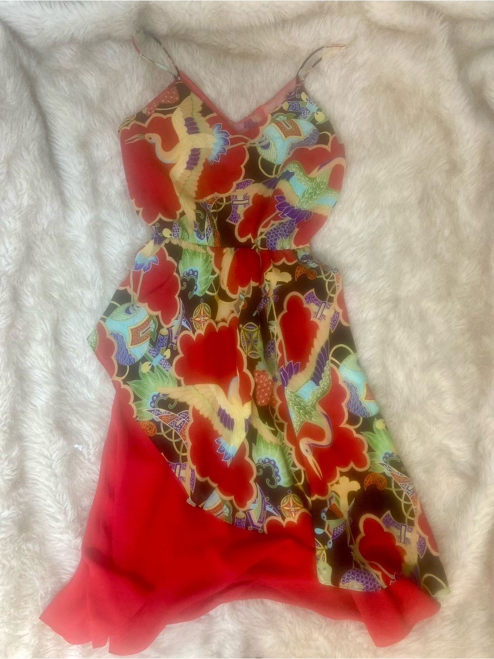 Red Asymmetrical Slip Dress with Multicolor Floral Print